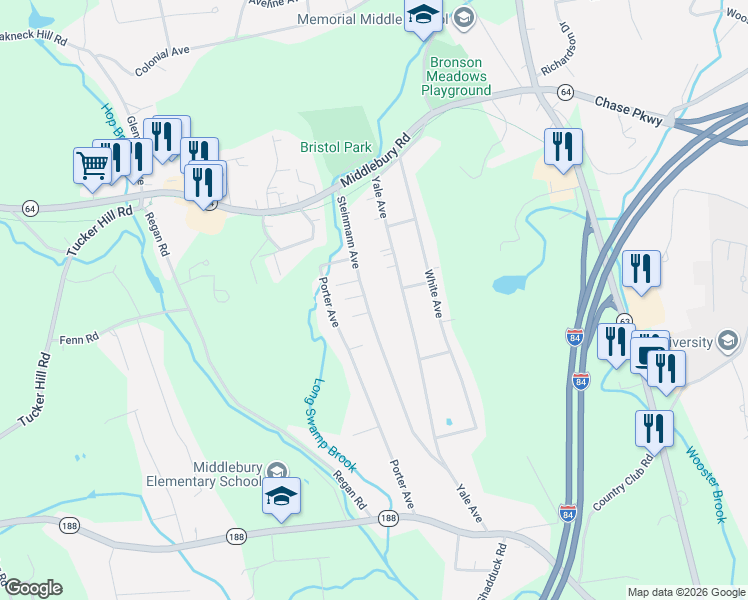 map of restaurants, bars, coffee shops, grocery stores, and more near 44 Yale Avenue in Middlebury