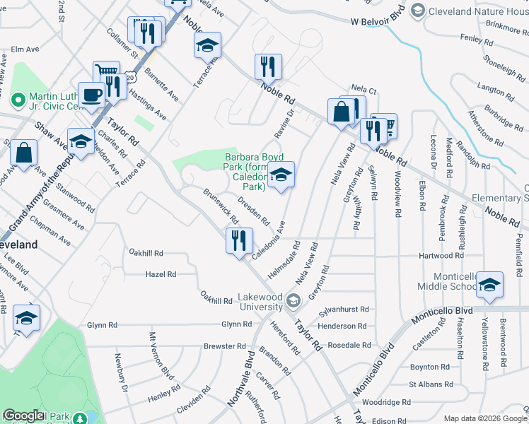 map of restaurants, bars, coffee shops, grocery stores, and more near 914 Caledonia Avenue in Cleveland Heights