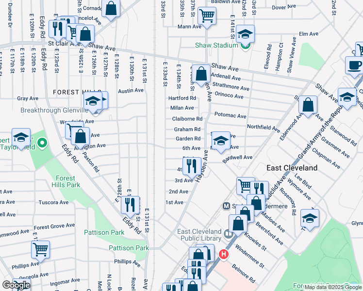 map of restaurants, bars, coffee shops, grocery stores, and more near 13316 Garden Road in East Cleveland
