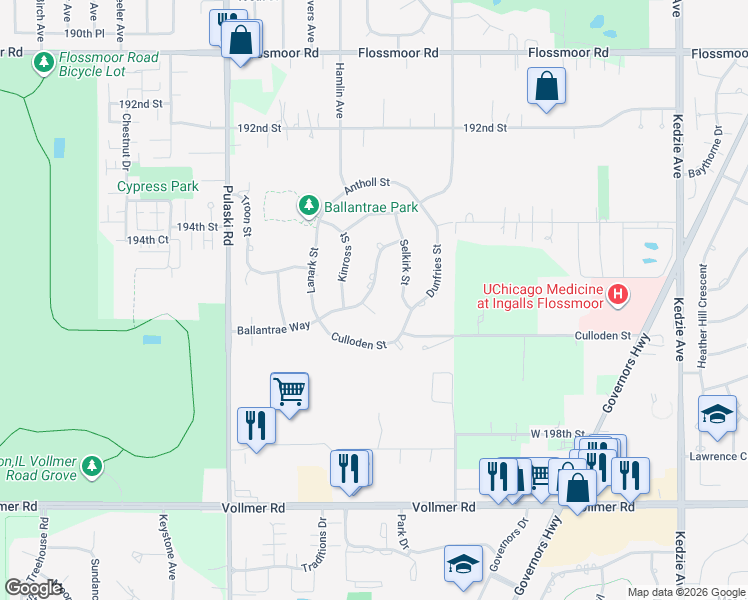 map of restaurants, bars, coffee shops, grocery stores, and more near 3722 Ballantrae Way in Flossmoor
