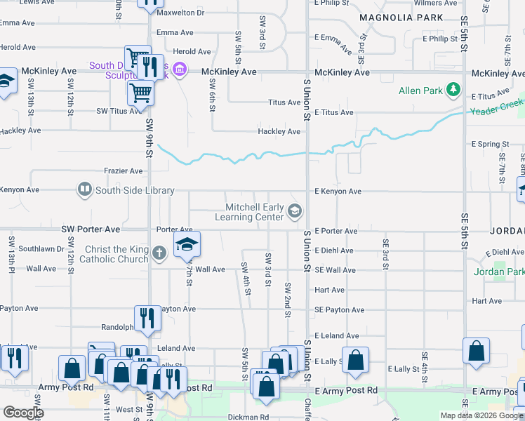 map of restaurants, bars, coffee shops, grocery stores, and more near 5404 Southwest 3rd Place in Des Moines