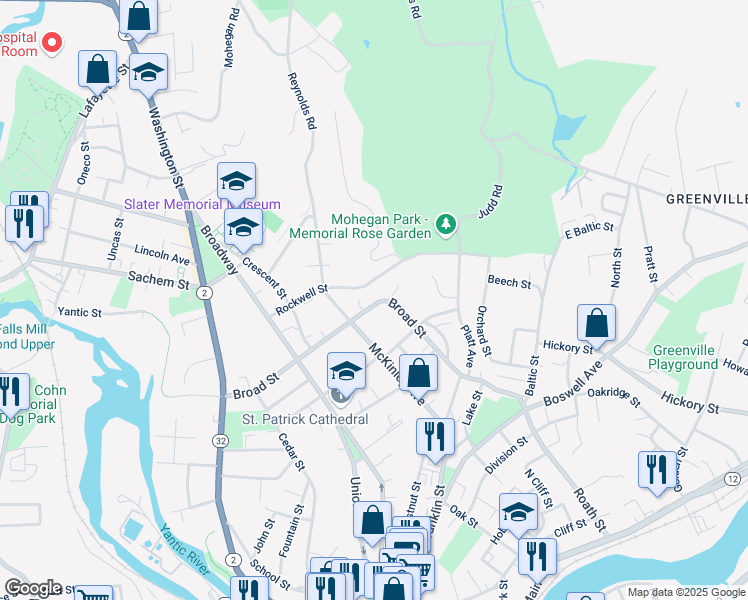 map of restaurants, bars, coffee shops, grocery stores, and more near 110 Rockwell Street in Norwich