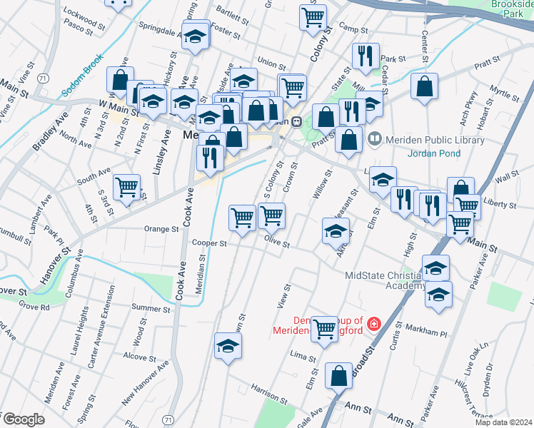 map of restaurants, bars, coffee shops, grocery stores, and more near 99 Crown Street in Meriden