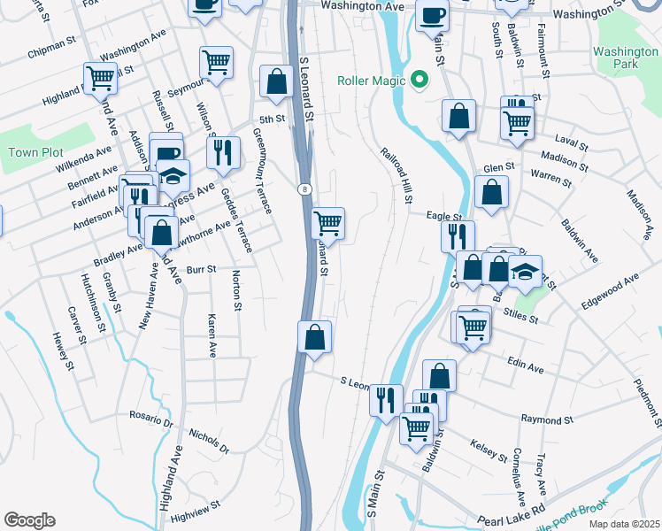 map of restaurants, bars, coffee shops, grocery stores, and more near 385 South Leonard Street in Waterbury