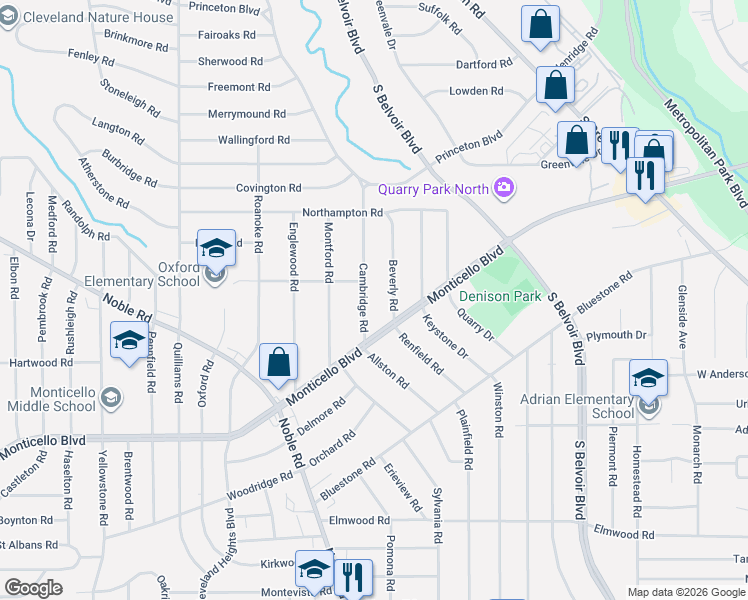 map of restaurants, bars, coffee shops, grocery stores, and more near 926 Cambridge Road in Cleveland Heights