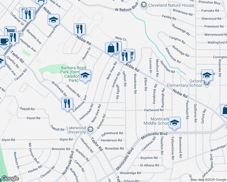 map of restaurants, bars, coffee shops, grocery stores, and more near 917 Greyton Road in Cleveland Heights