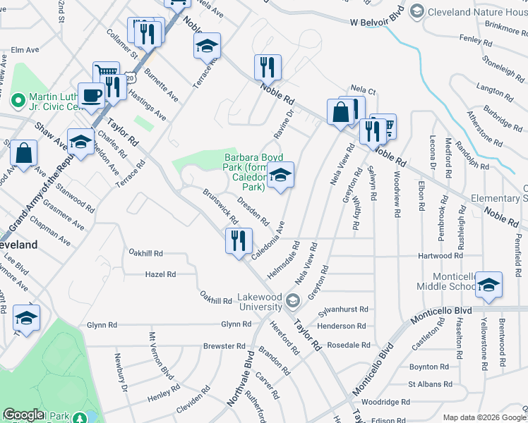 map of restaurants, bars, coffee shops, grocery stores, and more near 914 Caledonia Avenue in Cleveland Heights