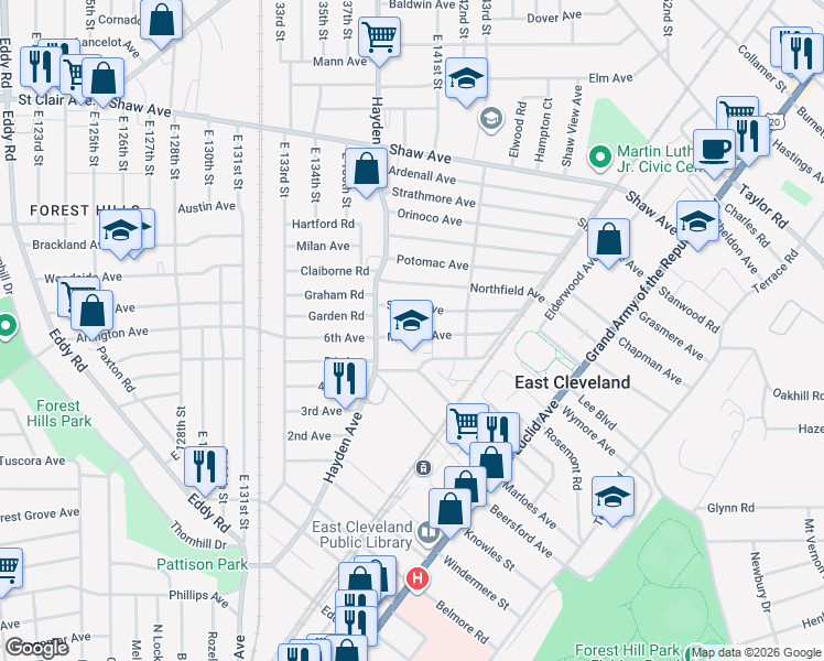 map of restaurants, bars, coffee shops, grocery stores, and more near 14000 Scioto Avenue in East Cleveland