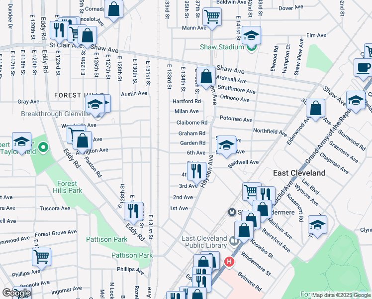 map of restaurants, bars, coffee shops, grocery stores, and more near 13316 Garden Road in East Cleveland