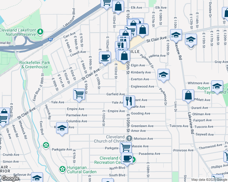 map of restaurants, bars, coffee shops, grocery stores, and more near 10202 Flora Avenue in Cleveland