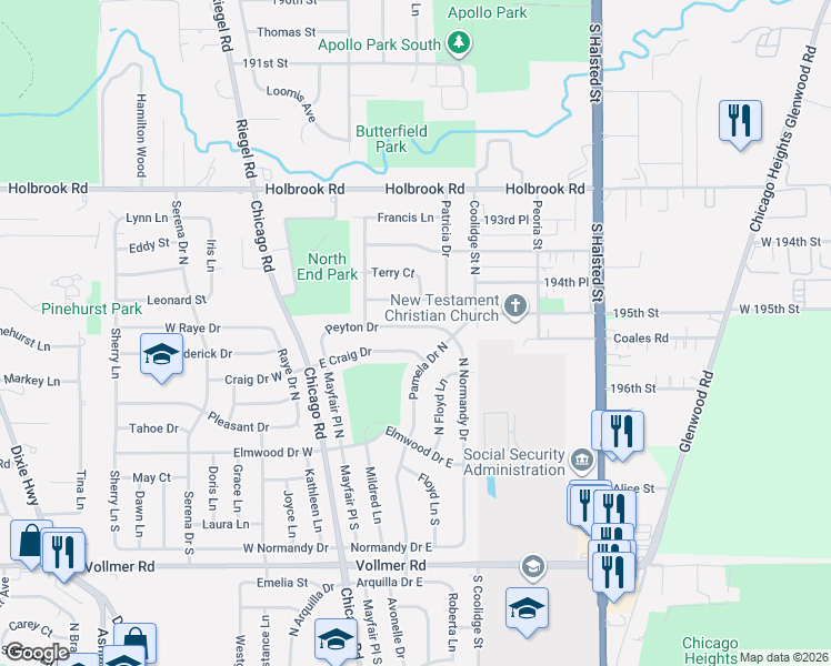 map of restaurants, bars, coffee shops, grocery stores, and more near 77 Peyton Drive in Chicago Heights