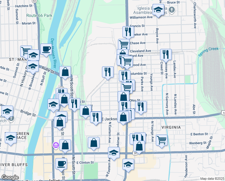 map of restaurants, bars, coffee shops, grocery stores, and more near 557 Herkimer Street in Joliet