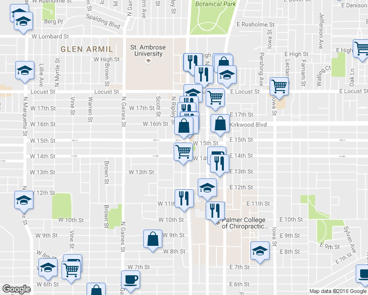 map of restaurants, bars, coffee shops, grocery stores, and more near 1420 North Harrison Street in Davenport
