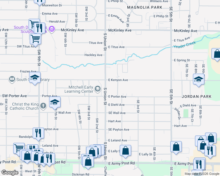 map of restaurants, bars, coffee shops, grocery stores, and more near 17 East Kenyon Avenue in Des Moines