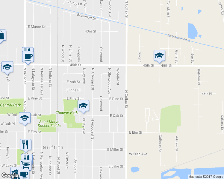 map of restaurants, bars, coffee shops, grocery stores, and more near 727 North Glenwood Street in Griffith