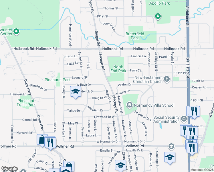 map of restaurants, bars, coffee shops, grocery stores, and more near 299 Raye Drive North in Chicago Heights