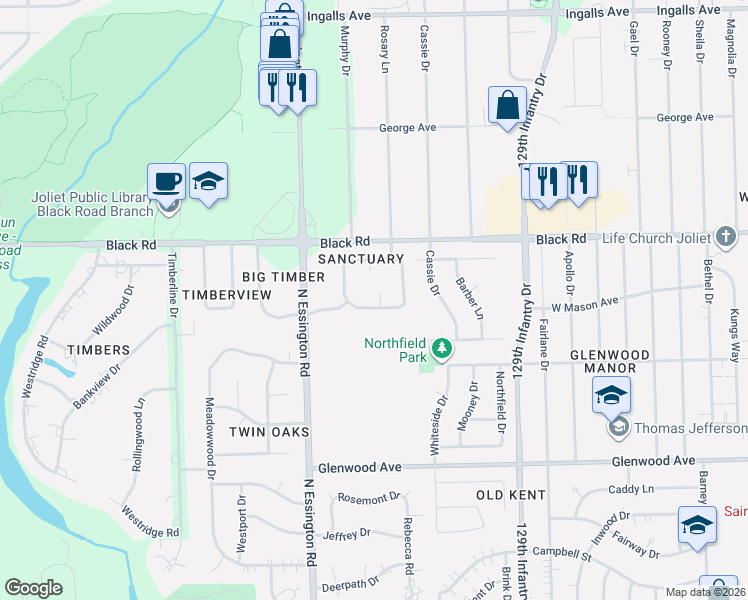 map of restaurants, bars, coffee shops, grocery stores, and more near 3015 Sanctuary Court in Joliet