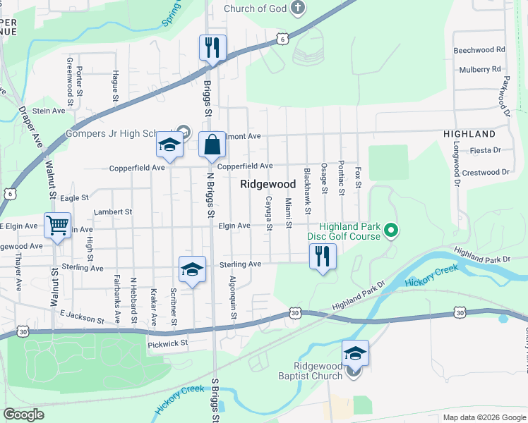 map of restaurants, bars, coffee shops, grocery stores, and more near 512 Cayuga Street in Joliet