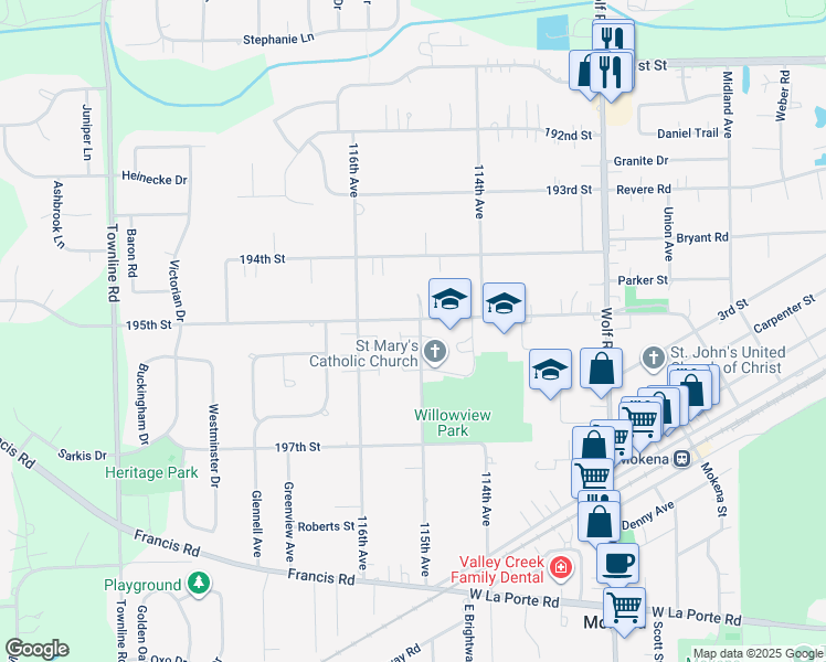 map of restaurants, bars, coffee shops, grocery stores, and more near 19502 115th Avenue in Mokena