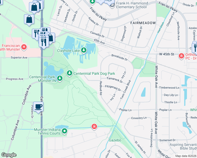 map of restaurants, bars, coffee shops, grocery stores, and more near 9826 Redbud Rd in Munster