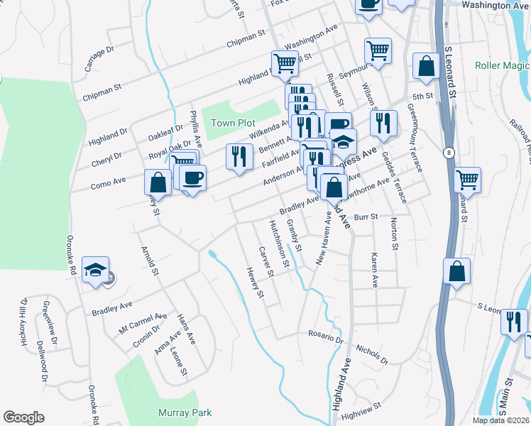 map of restaurants, bars, coffee shops, grocery stores, and more near 104 Bradley Avenue in Waterbury