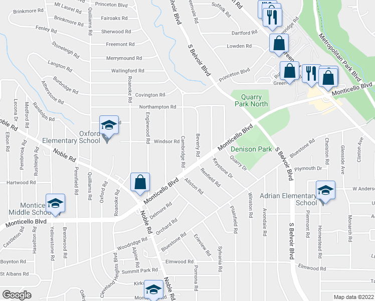 map of restaurants, bars, coffee shops, grocery stores, and more near 926 Cambridge Road in Cleveland Heights