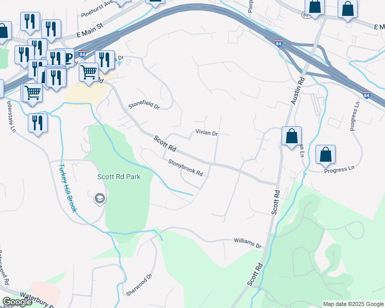 map of restaurants, bars, coffee shops, grocery stores, and more near 409 Scott Road in Waterbury