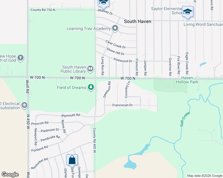 map of restaurants, bars, coffee shops, grocery stores, and more near 696 Dearborn Road in Valparaiso
