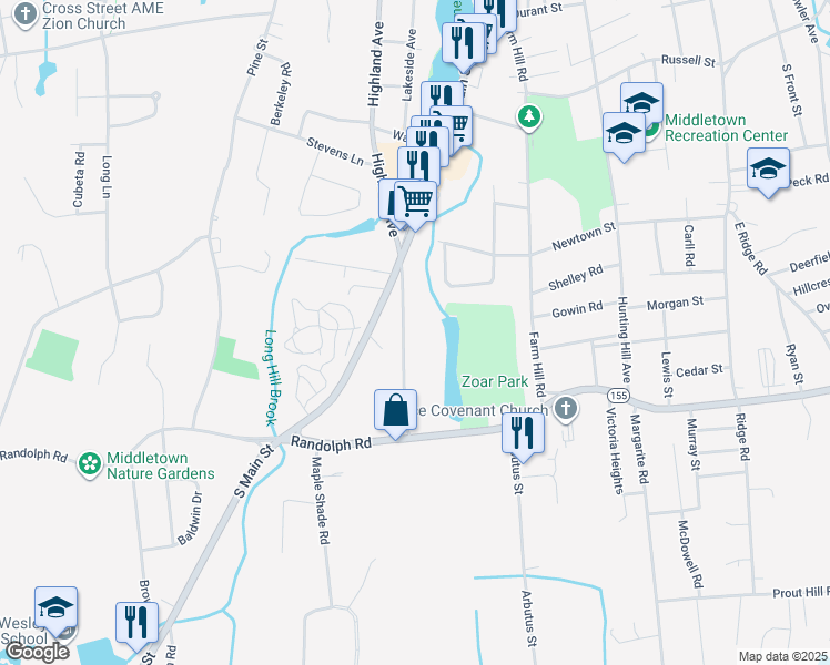 map of restaurants, bars, coffee shops, grocery stores, and more near 559 Highland Avenue in Middletown