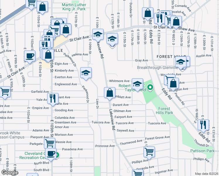 map of restaurants, bars, coffee shops, grocery stores, and more near 817 Lakeview Road in Cleveland