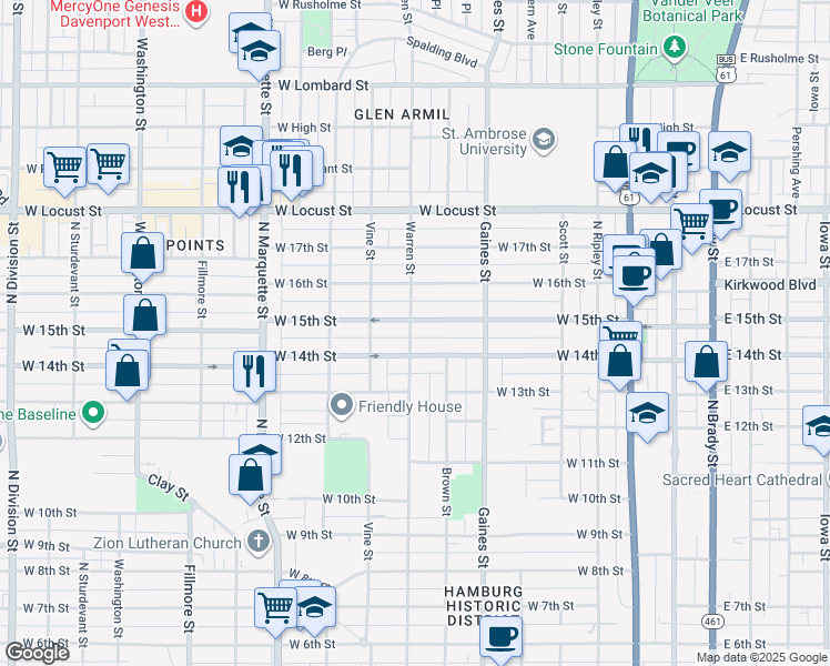map of restaurants, bars, coffee shops, grocery stores, and more near 817 West 15th Street in Davenport