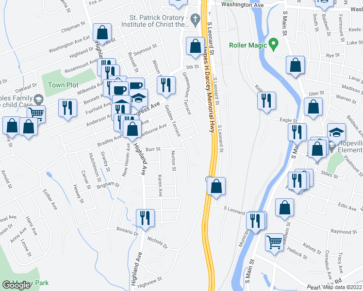 map of restaurants, bars, coffee shops, grocery stores, and more near 114 Geddes Terrace in Waterbury