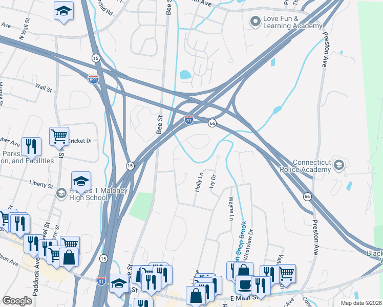 map of restaurants, bars, coffee shops, grocery stores, and more near 135 Tumblebrook Road in Meriden