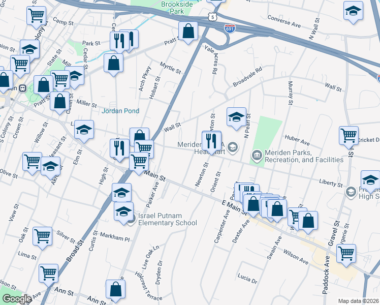 map of restaurants, bars, coffee shops, grocery stores, and more near in Meriden