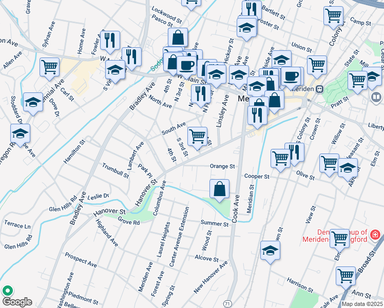map of restaurants, bars, coffee shops, grocery stores, and more near 13 South 2nd Street in Meriden