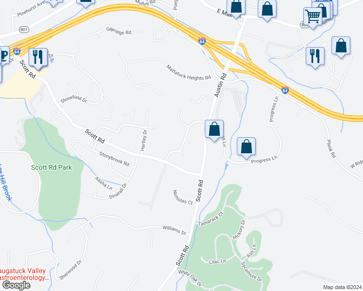 map of restaurants, bars, coffee shops, grocery stores, and more near 91 Village Wood Drive in Waterbury
