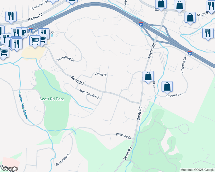 map of restaurants, bars, coffee shops, grocery stores, and more near 40 Hartley Drive in Waterbury