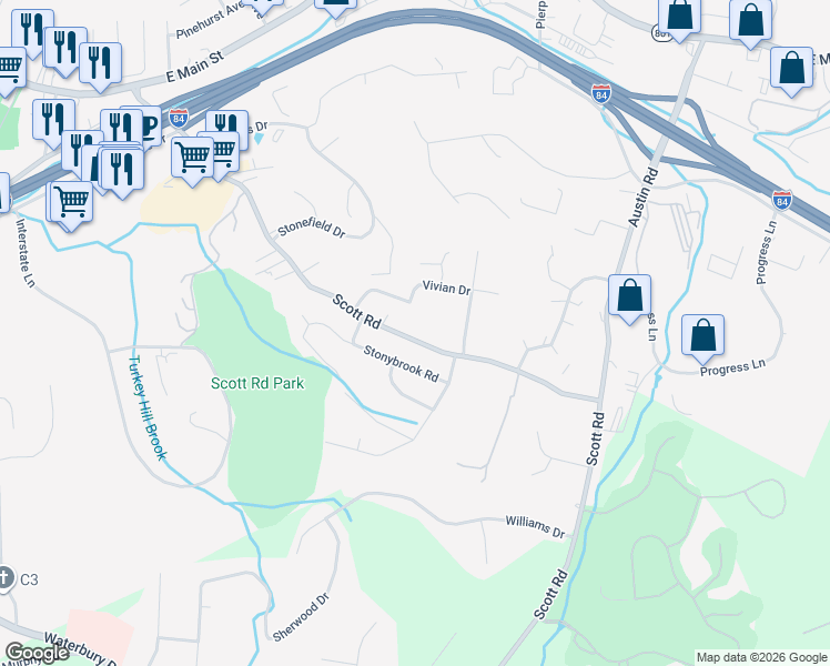 map of restaurants, bars, coffee shops, grocery stores, and more near 409 Scott Road in Waterbury
