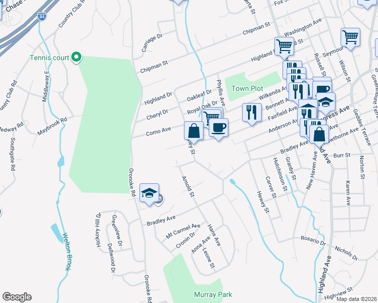 map of restaurants, bars, coffee shops, grocery stores, and more near 155 Wesley Street in Waterbury
