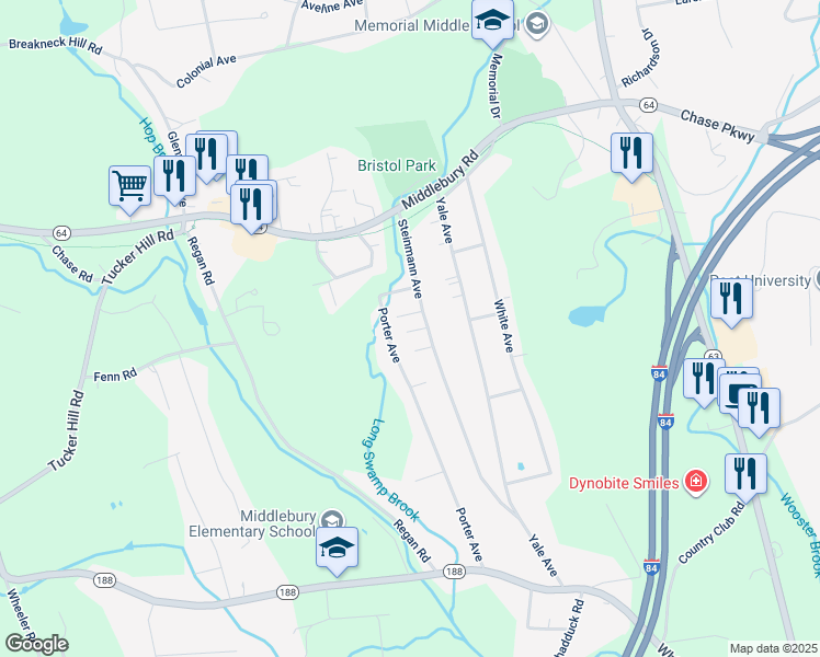 map of restaurants, bars, coffee shops, grocery stores, and more near 113 1/2 Steinmann Avenue in Middlebury