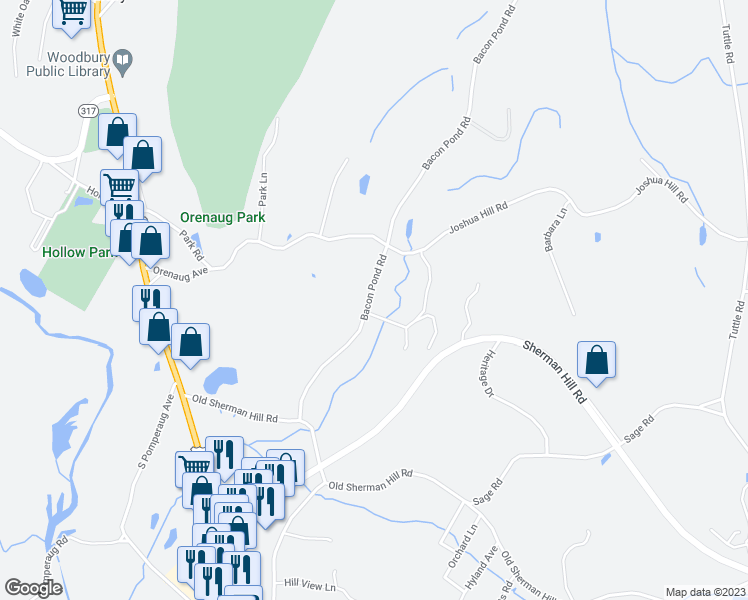 map of restaurants, bars, coffee shops, grocery stores, and more near 221 Bacon Pond Road in Woodbury