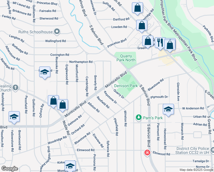 map of restaurants, bars, coffee shops, grocery stores, and more near 4033 Monticello Boulevard in Cleveland Heights