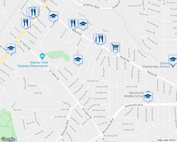 map of restaurants, bars, coffee shops, grocery stores, and more near 924 Nela View Road in Cleveland Heights