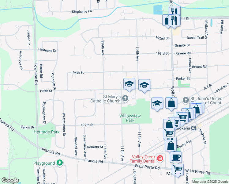 map of restaurants, bars, coffee shops, grocery stores, and more near 19502 115th Avenue in Mokena