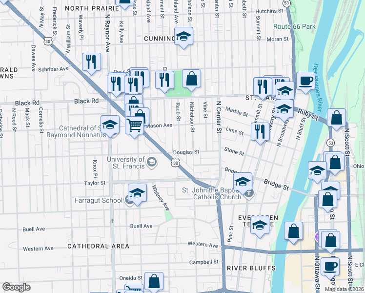 map of restaurants, bars, coffee shops, grocery stores, and more near 608 Raub Street in Joliet