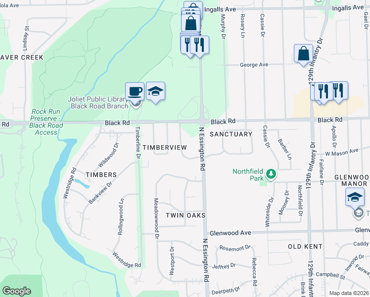 map of restaurants, bars, coffee shops, grocery stores, and more near 744 Big Timber Drive in Joliet