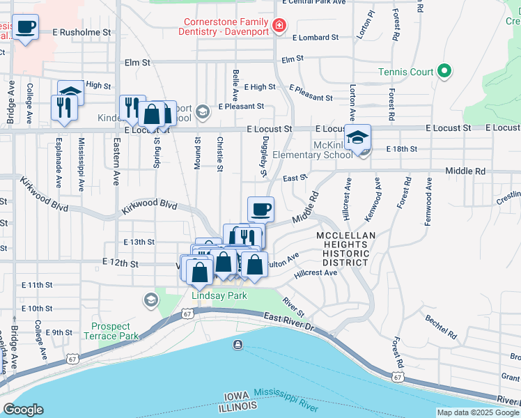 map of restaurants, bars, coffee shops, grocery stores, and more near 1440 Jersey Ridge Road in Davenport