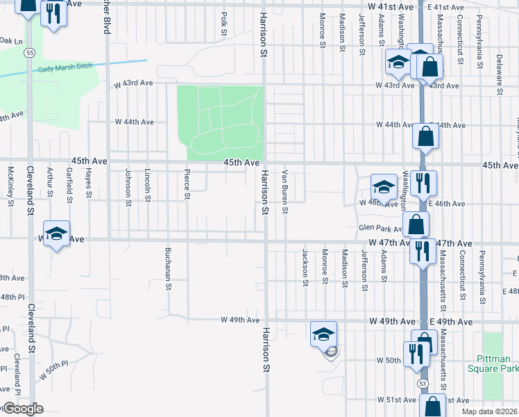 map of restaurants, bars, coffee shops, grocery stores, and more near 800-898 W 46th Ave in Gary