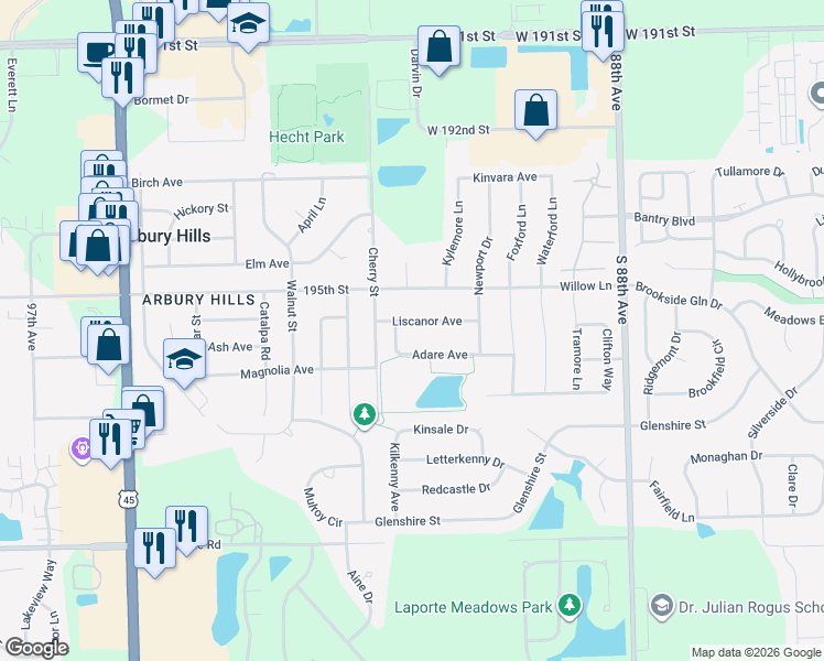 map of restaurants, bars, coffee shops, grocery stores, and more near 9056 Liscanor Avenue in Mokena