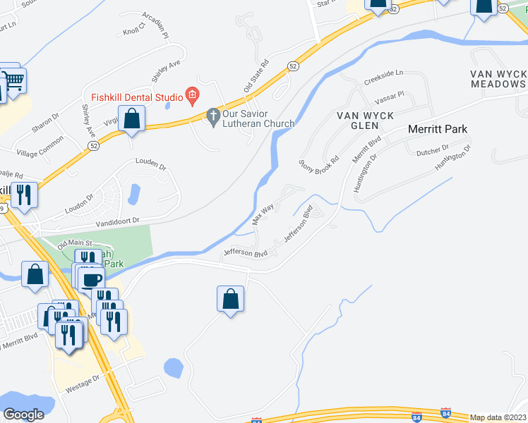map of restaurants, bars, coffee shops, grocery stores, and more near Max Way in Fishkill